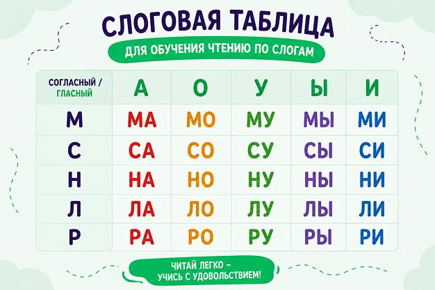 Слоговая таблица для обучения чтению